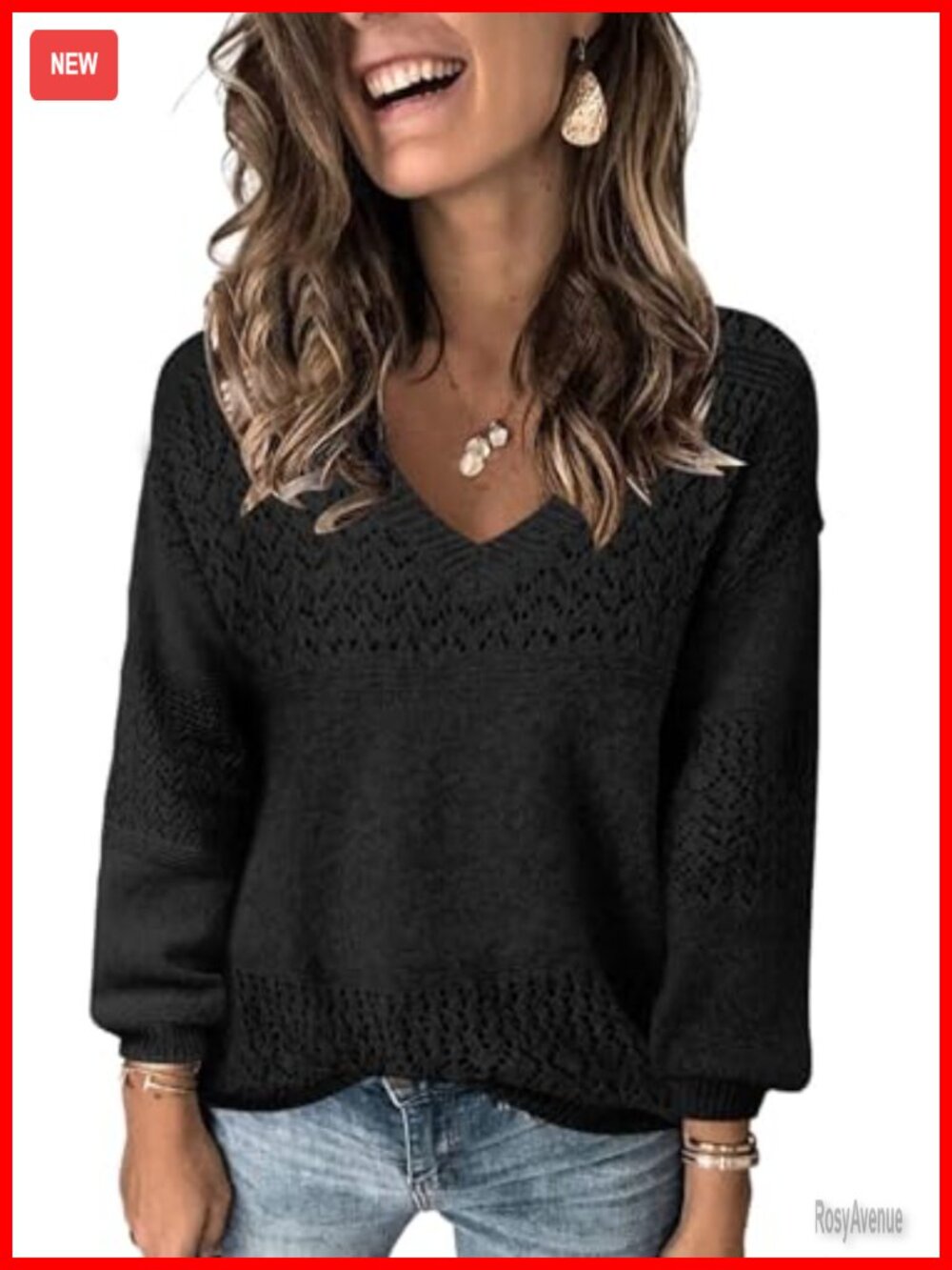 Womens V Neck Long Sleeve Hollow Knit Pullover Sweater Casual Loose